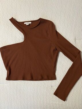 Bar III Asymmetric Ribbed Long-Sleeve Top in Chocolate Brown